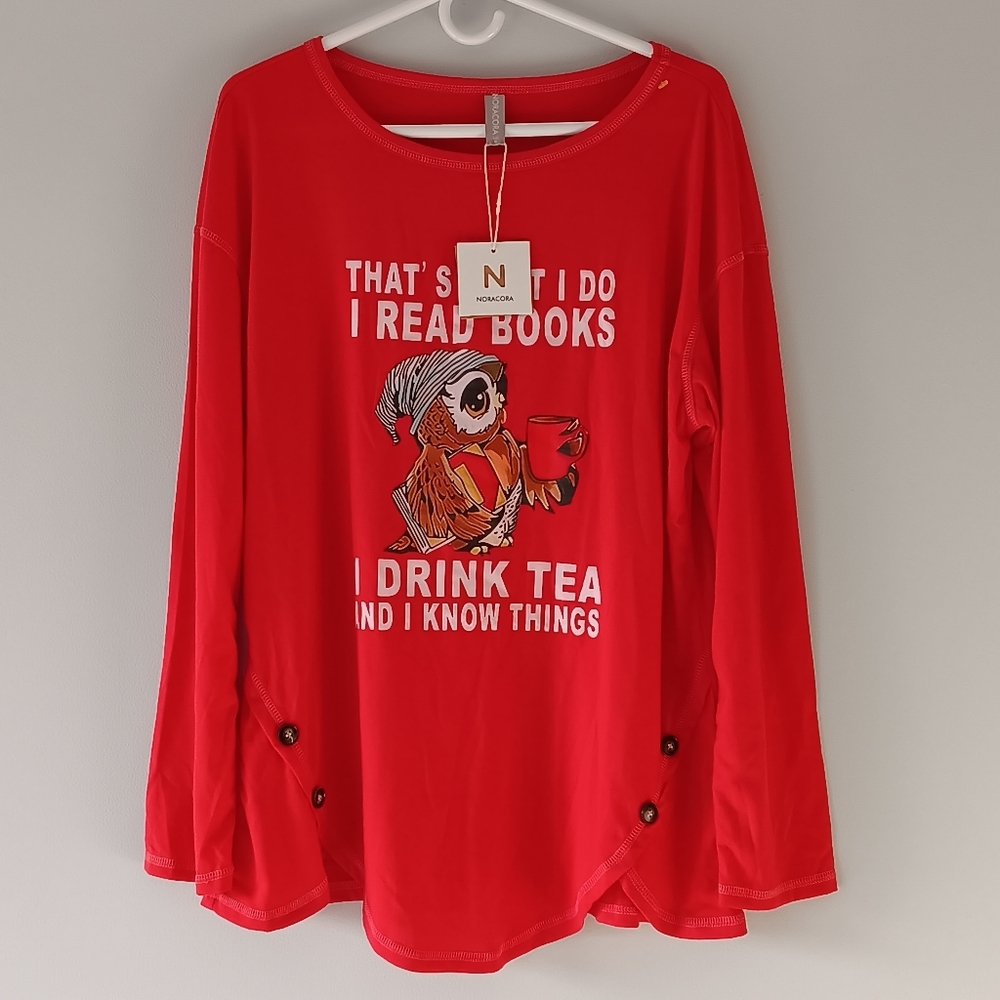 NEW NoraCora Jersey Sleep Shirt Lounge Pajama Top Books Tea Owl Red Extra Large - Picture 12 of 12